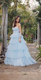 Juliet JT2452K Long Pleated Strapless Tiered Ruffle Tulle A-Line Gown