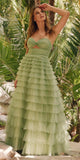 Juliet JT2456H Long Strapless Keyhole Tiered Ruffled Tulle A-Line Gown