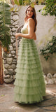 Juliet JT2456H Long Strapless Keyhole Tiered Ruffled Tulle A-Line Gown