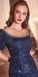 Ladivine CB151 Long Cap Sleeve Fitted Sequin Gown