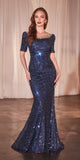 Ladivine CB151 Long Cap Sleeve Fitted Sequin Gown