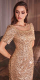 Ladivine CB151 Long Cap Sleeve Fitted Sequin Gown