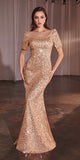 Ladivine CB151 Long Cap Sleeve Fitted Sequin Gown