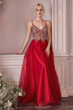 Cinderella Divine CD0195 Dress Long A-Line Layered Tulle Gown - BURGUNDY