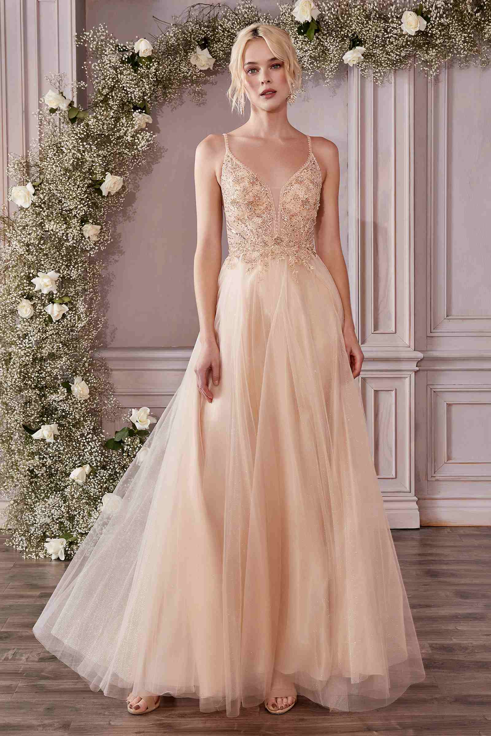 Cinderella Divine CD0195 Dress Long A-Line Layered Tulle Gown - CHAMPAGNE