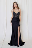 Juno M1038 Dress Long Fitted Gown Sheer Bodice Leg Slit