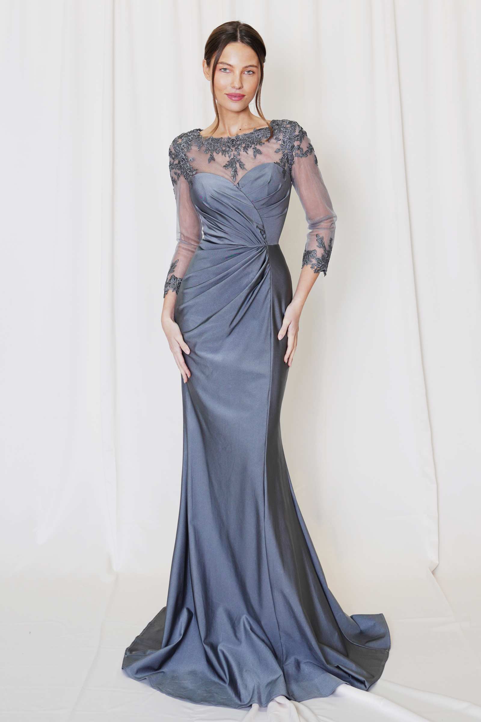 Juno M1040 Dress Luxe Embroidered Sheer Draped Gown