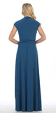 Celavie 2466L Teal Cap Sleeves A-line Long Formal Dress with Brooch 