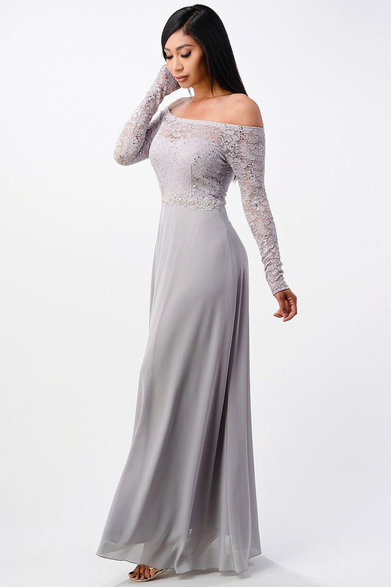La Scala 25418 Long Sleeved Lace Bodice A-Line Long Dress