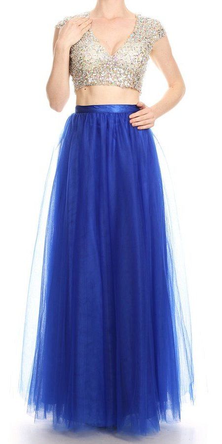 Cut-Out Back Two-Piece Long Prom Dress Royal Blue