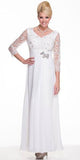 Modest Off White Long Formal Dress Lace Sleeves Mid Length V Neck