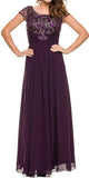 Mother of Bride Long Chiffon Plum Dress Lace Top Round Neck