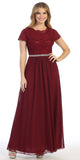 Burgundy A-Line Long Formal Dress with Short Sleeves