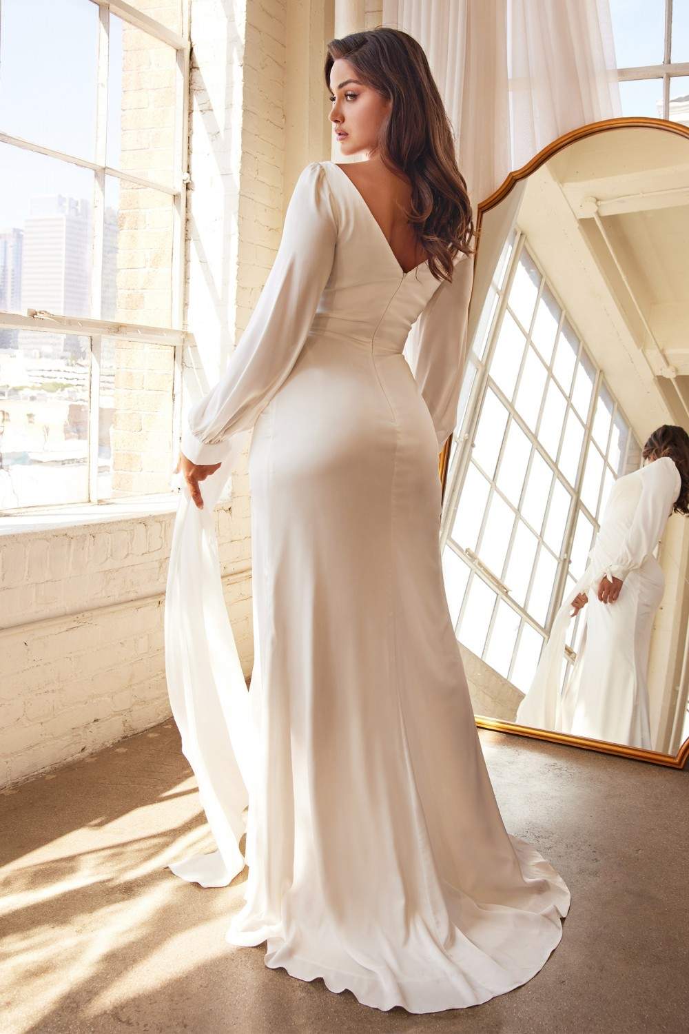 White Corset Cowl Satin Gown By Cinderella Divine -7483W  Sheath bridal  gown, Satin bridal gowns, Cinderella divine