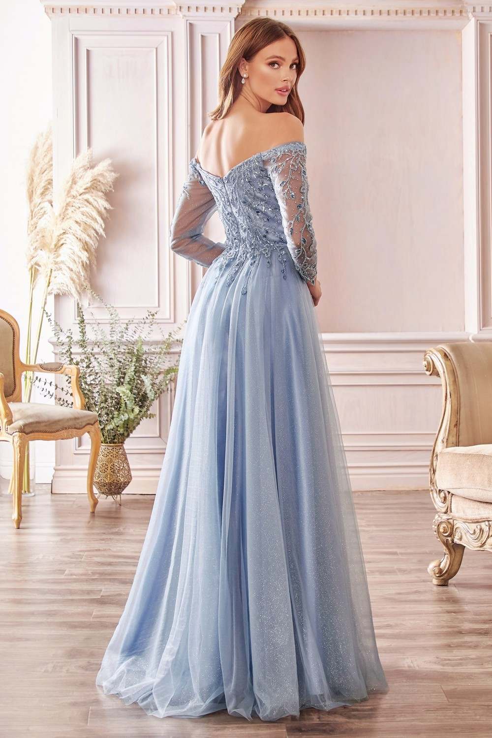 Cinderella Divine Flowy Satin V-Neckline A-Line Dusty Blue Bridesmaids or Evening Gown BD105 S / DUSTY-BLUE (LightSteelBlue)