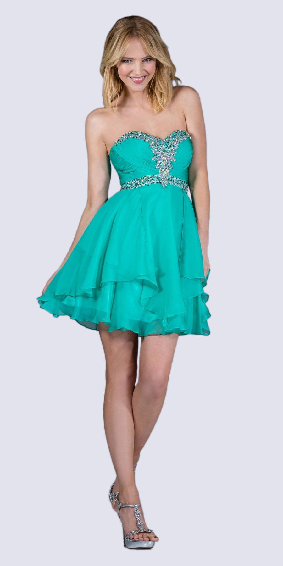 CLEARANCE - Form Fitting Strapless Jade Short Dress Ruffled Skirt –  DiscountDressShop
