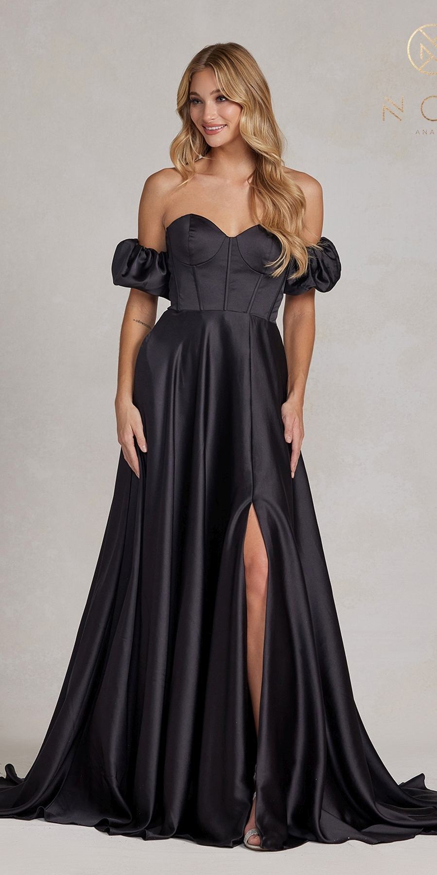 Nox Anabel K1122 Floor Length A-line Satin Gown with Detachable Puff  Sleeves - Black / 00