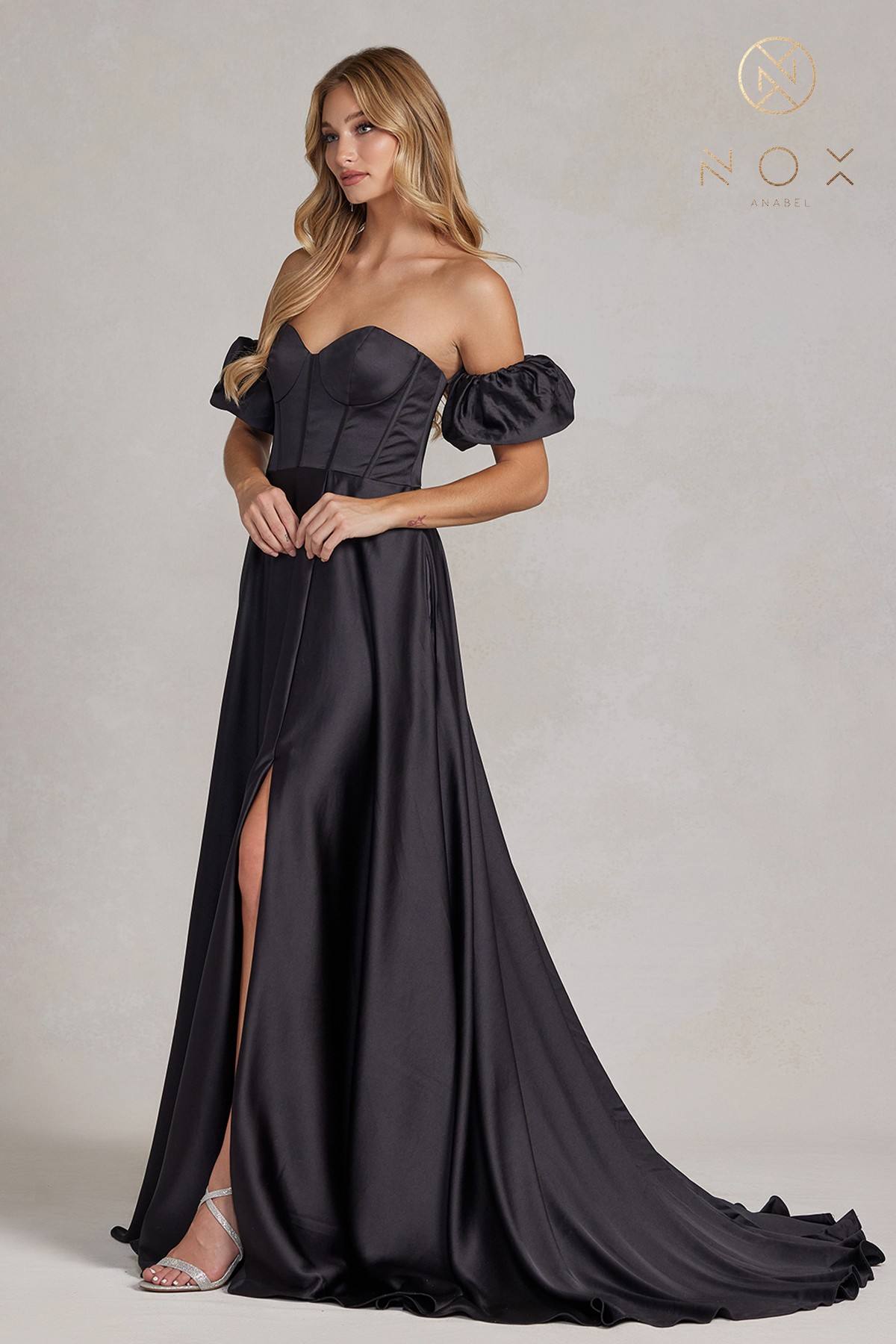 Nox Anabel K1122 Floor Length A-line Satin Gown with Detachable Puff Sleeves