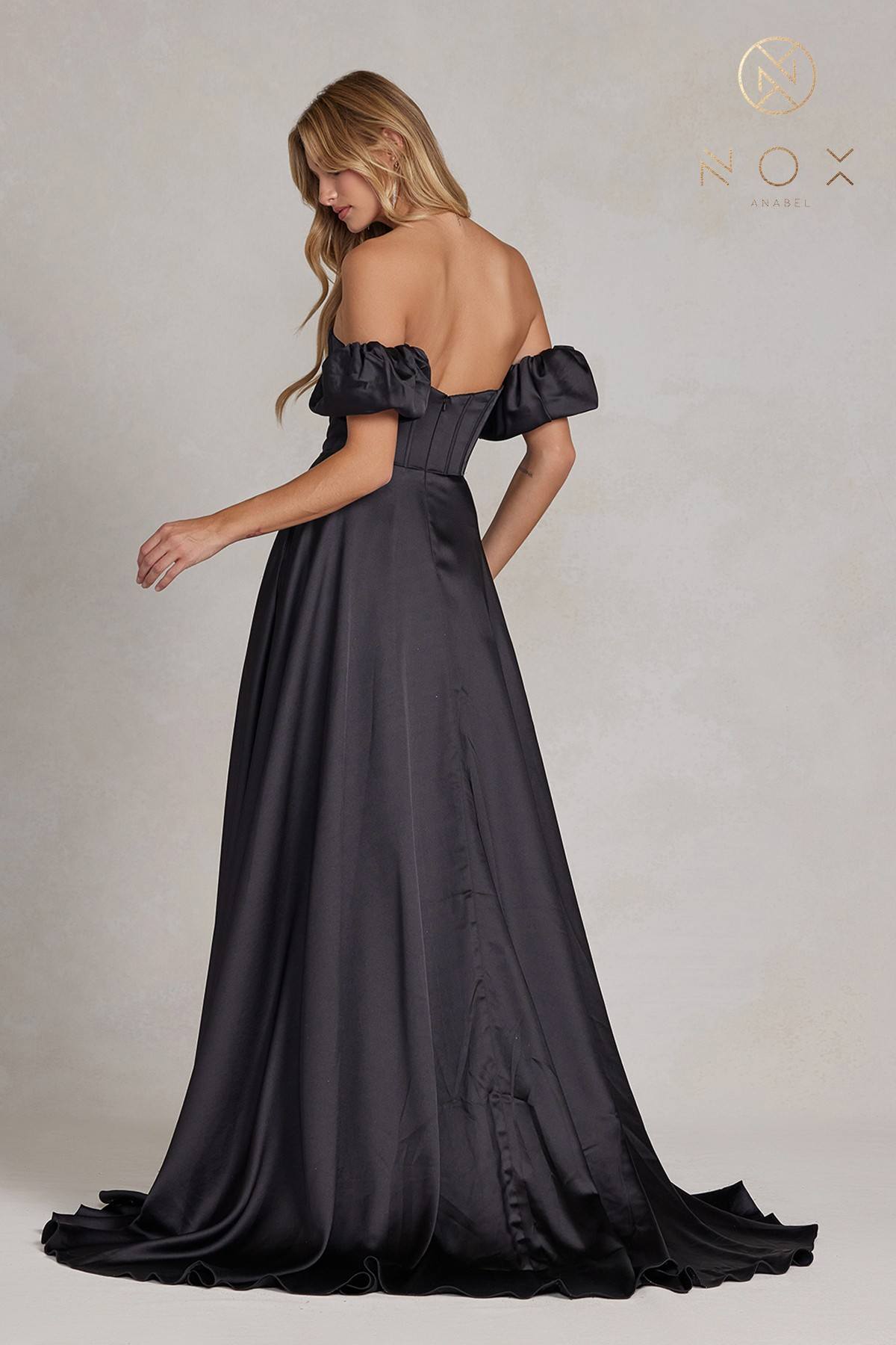 Nox Anabel K1122 Floor Length A-line Satin Gown with Detachable Puff Sleeves