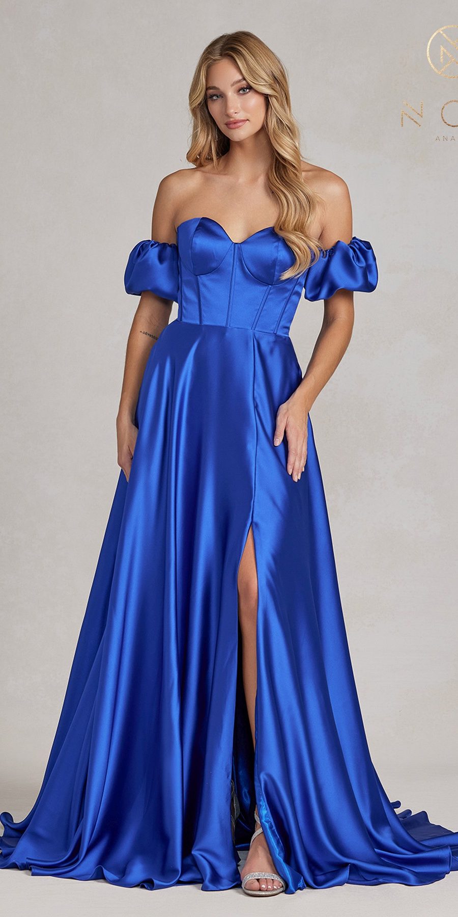 Nox Anabel K1122 Floor Length A-line Satin Gown with Detachable Puff  Sleeves - Royal Blue / 00