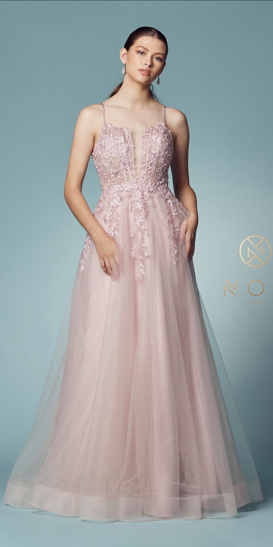 Nox Anabel Blush Pink Long Lace Prom Dress with Tulle Skirt Blush / 8