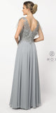 V-Neck and Back Silver Long Formal Dress Sheer Sleeves