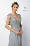 V-Neck and Back Silver Long Formal Dress Sheer Sleeves