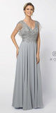 V-Neck and Back Silver Long Formal Dress Sheer Sleeves