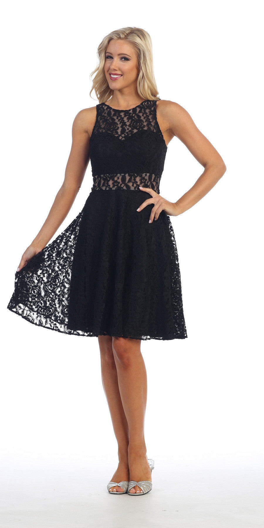 Sleeveless Black Lace Dress Knee Length Illusion Neck/Waist